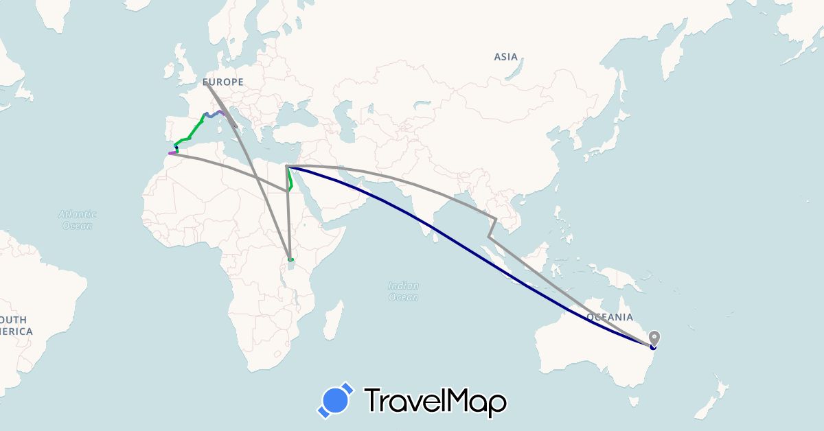 TravelMap itinerary: driving, bus, plane, cycling, train, boat in Australia, Belgium, Egypt, Spain, France, Italy, Morocco, Thailand, Uganda (Africa, Asia, Europe, Oceania)